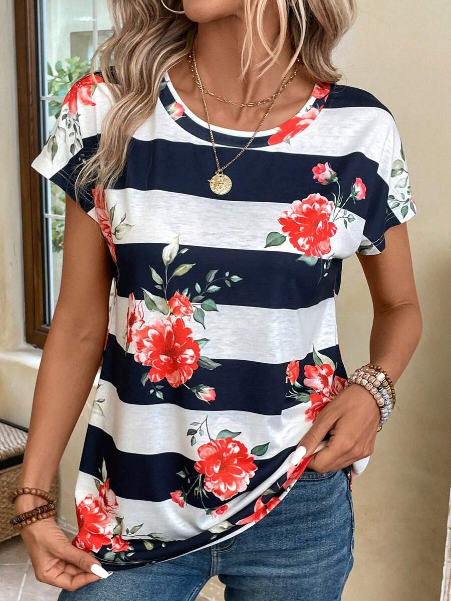 EMERY ROSE T-shirt estiva casual e ampia da donna, con collo rotondo, maniche corte e stampa a righe e floreale - Multicolore - Visualizzare 1