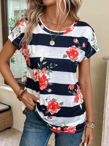 EMERY ROSE T-shirt estiva casual e ampia da donna, con collo rotondo, maniche corte e stampa a righe e floreale - Multicolore - Visualizzare 5