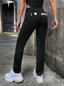 SHEIN ICON Quần nữ Tương phản Mesh Tim Slogan Gợi cảm - màu đen - Xem 2