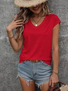 SHEIN LUNE 纯色蝙蝠袖 V 领 T 恤，适合新年服装 - 紅色 - 查看 3