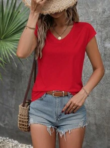 SHEIN LUNE 纯色蝙蝠袖 V 领 T 恤，适合新年服装 - 紅色 - 查看 4