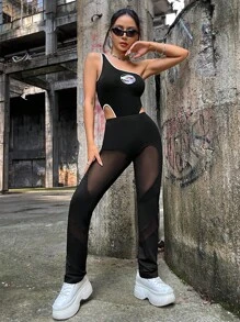 SHEIN ICON Quần nữ Tương phản Mesh Tim Slogan Gợi cảm - màu đen - Xem 5