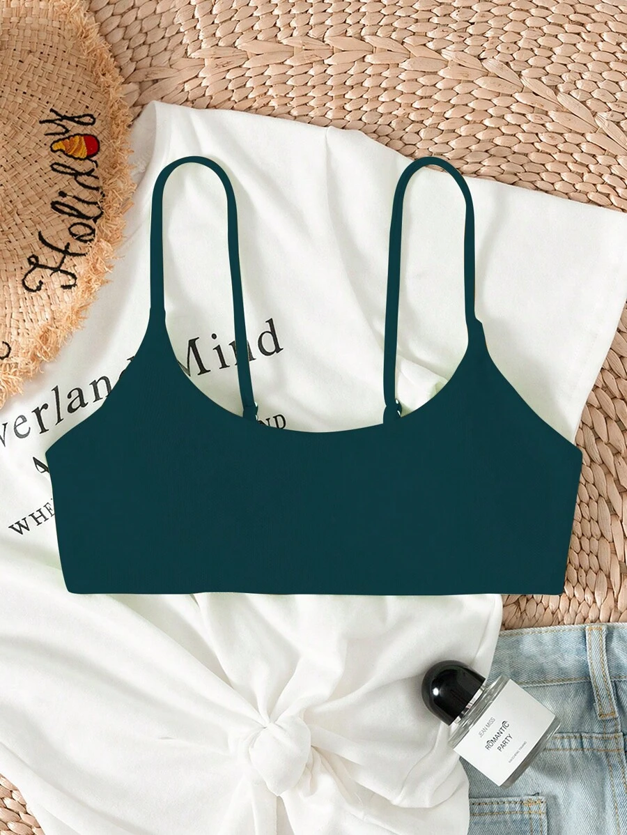 SHEIN Swim 素色可調整肩帶比基尼泳裝上衣 - 墨綠色 - 查看 1