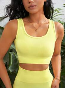 Easithlete Solid Ribbed Knit Sports Tank Top - Yellow - View 1