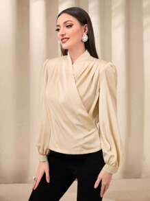 Modelyn Áo sơ mi nữ Trọn gói màu trơn Thanh lịch - Màu be - Xem 4
