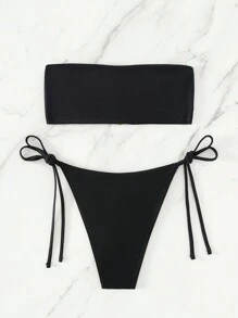Swim SXY Summer Beach Ring Linked Bandeau Tie Side Bikini Set - Black - View 4