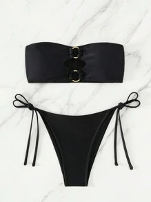 Swim SXY Summer Beach Ring Linked Bandeau Tie Side Bikini Set - Black - View 5