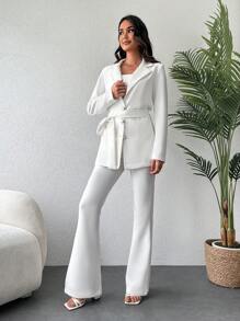 EURMUSE Solid Lapel Collar Blazer & Flare Leg Trousers - White - View 3