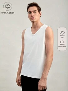 GENTILAND Men 100% Cotton Solid V Neck Tank Top - White - View 1