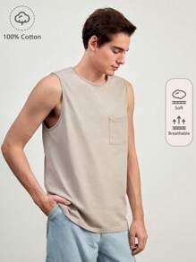 Manfinity Basics Men 100% Cotton Solid Pocket Patched Tank Top - Khaki - View 1