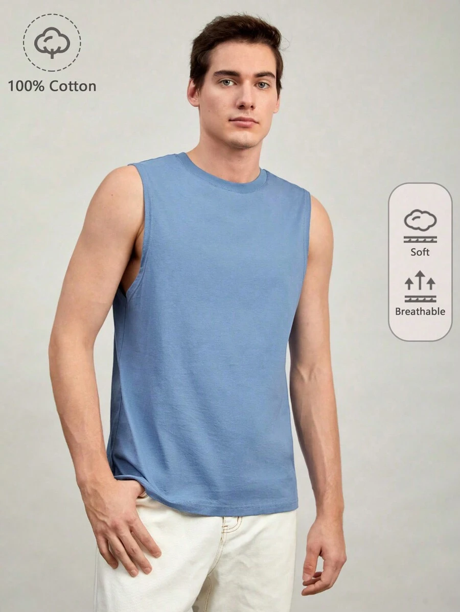 GENTILAND Men 100% Cotton Solid Tank Top - Blue - View 1