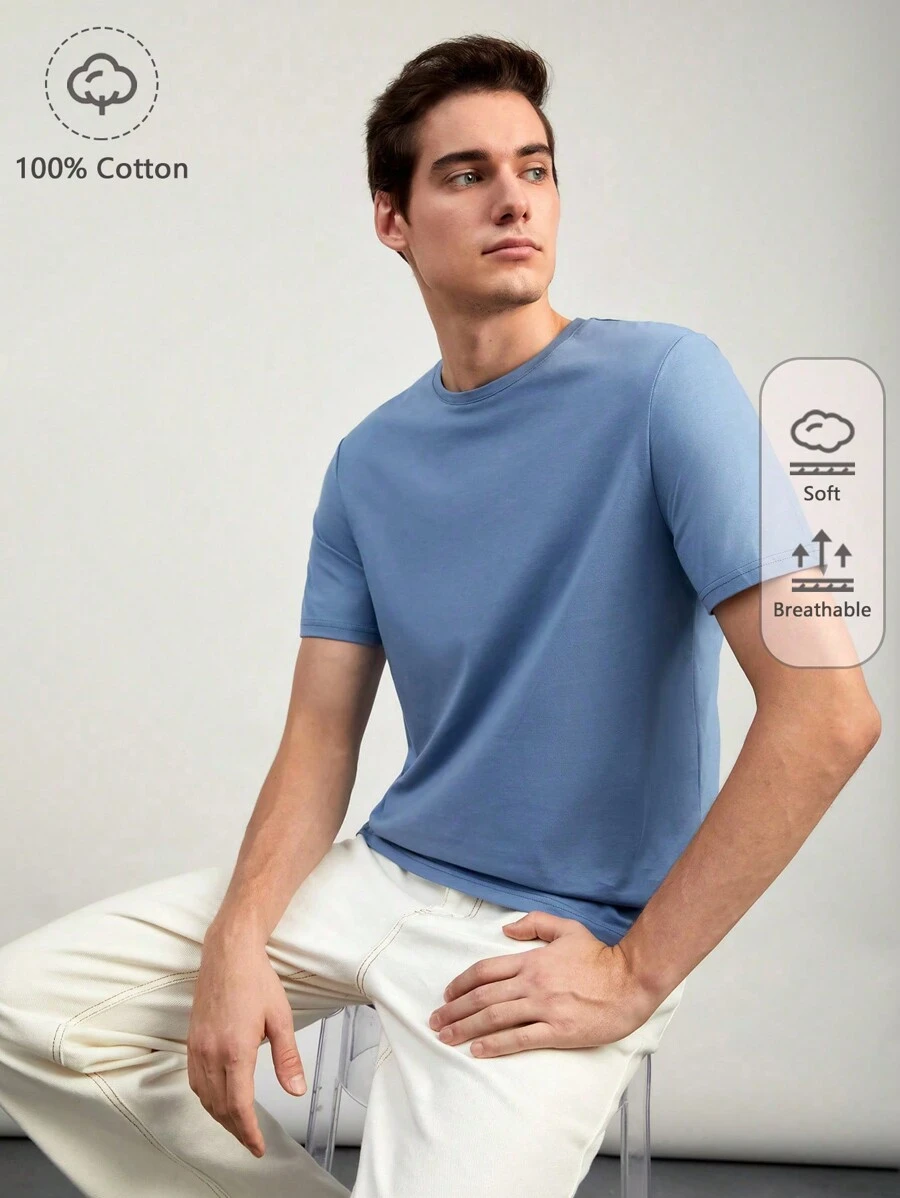 Manfinity VCAY Men 100% Cotton Solid Round Neck Tee - Blue - View 1