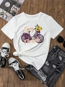 SHEIN LUNE 豹纹与字母图案 T 恤 猎豹印花 T 恤 - 白色 - 查看 1