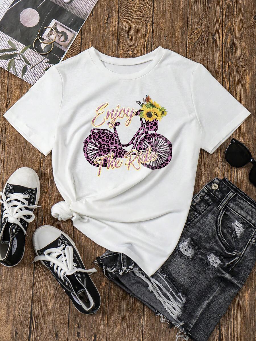 SHEIN LUNE 豹纹与字母图案 T 恤 猎豹印花 T 恤 - 白色 - 查看 1