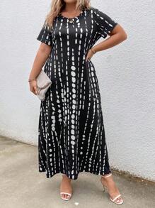 EMERY ROSE Đầm Plus Size Túi Cà vạt nhuộm Giải trí - Đen và trắng - Xem 3
