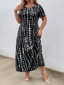 EMERY ROSE Đầm Plus Size Túi Cà vạt nhuộm Giải trí - Đen và trắng - Xem 4