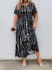 EMERY ROSE Đầm Plus Size Túi Cà vạt nhuộm Giải trí - Đen và trắng - Xem 5