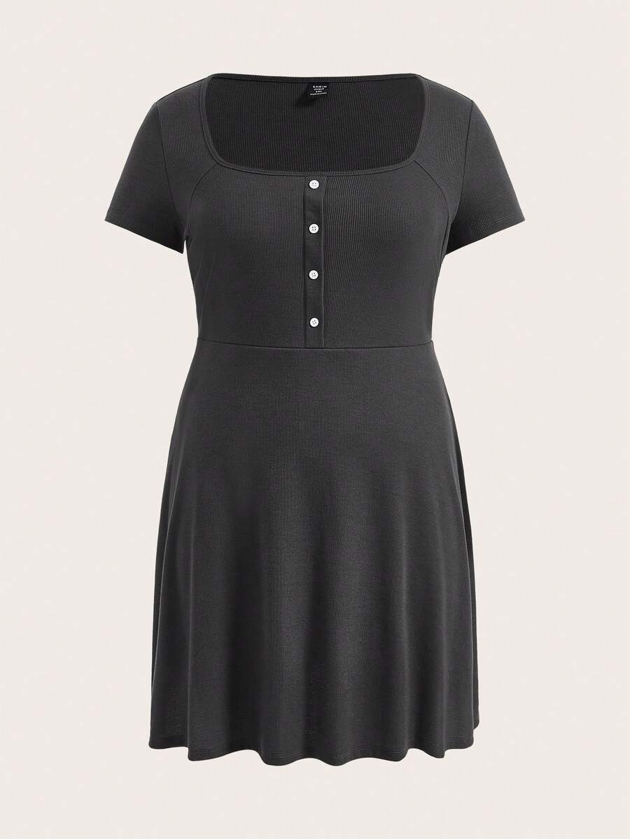 SHEIN EZwear 大碼前紐扣A字連衣裙 - 深灰色 - 查看 1
