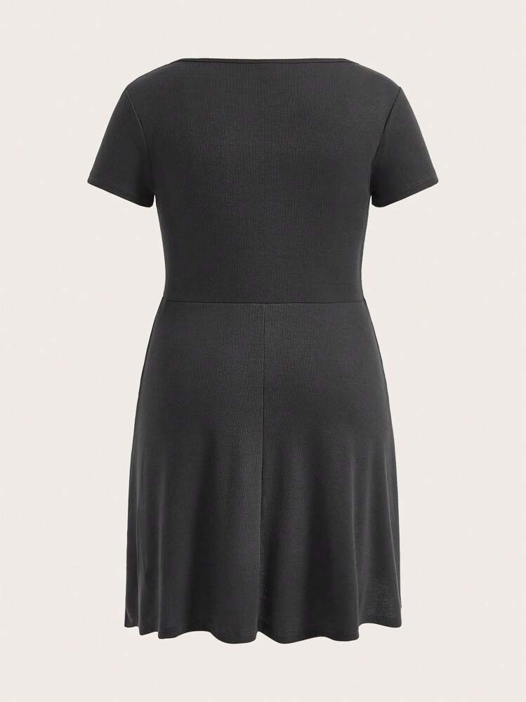 SHEIN EZwear Plus Button Front A-line Dress - Dark Grey - View 2