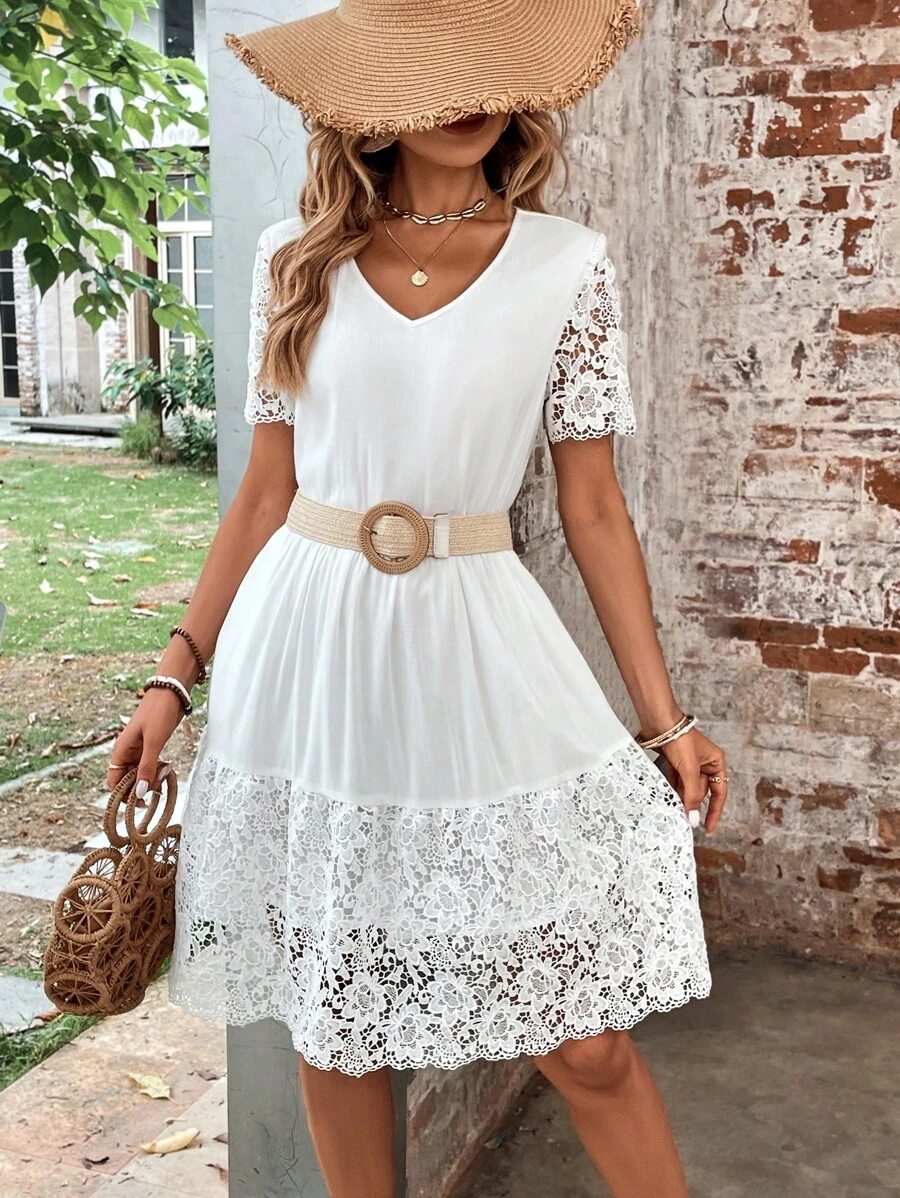 SHEIN LUNE Ren tương phản Xù Hoa Sen Đầm Không có thắt lưng - trắng - Xem 1