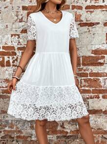 SHEIN LUNE Ren tương phản Xù Hoa Sen Đầm Không có thắt lưng - trắng - Xem 2