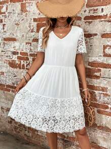 SHEIN LUNE Ren tương phản Xù Hoa Sen Đầm Không có thắt lưng - trắng - Xem 6