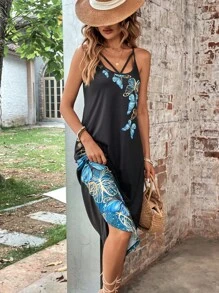 SHEIN LUNE فستان كامي بطباعة الفراشة جيب مائل - الأسود - مشاهدة 4