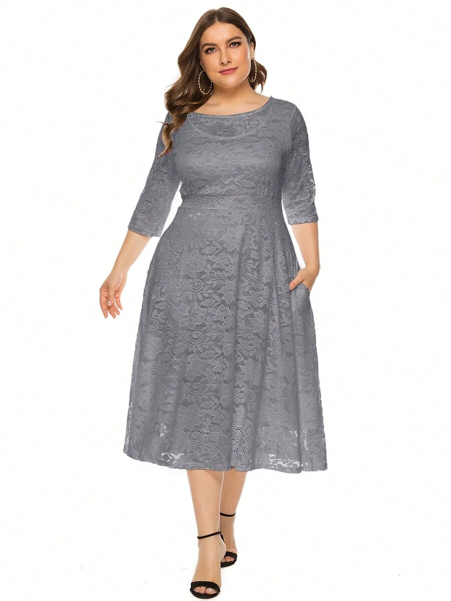 Hơn Chất rắn Ren Buổi tiệc Váy phù dâu - Xám - Xem 1
