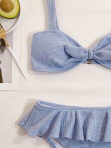 SHEIN Swim Rib Knot Front Ruffle Hem Bikini Set Summer Beach - Dusty Blue - View 3