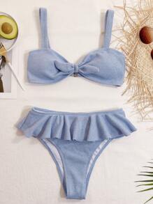SHEIN Swim Rib Knot Front Ruffle Hem Bikini Set Summer Beach - Dusty Blue - View 5