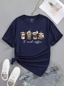 INAWLY Plus Coffee 和标语图案 T 恤 我需要咖啡 - 藏蓝色 - 查看 1