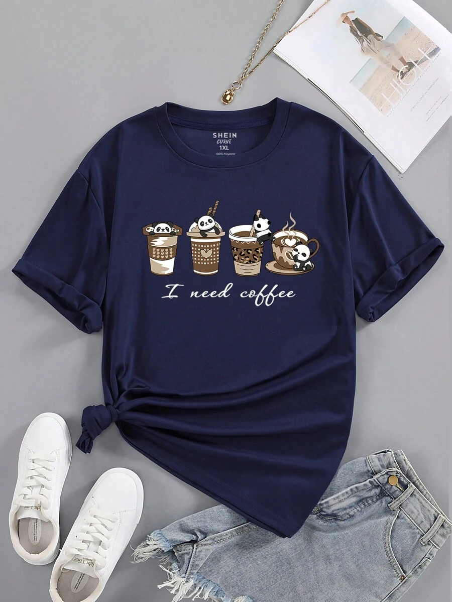 INAWLY Plus Coffee 和标语图案 T 恤 我需要咖啡 - 藏蓝色 - 查看 1