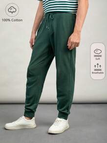 GENTILAND Hombres Pantalones deportivos de 100% algodón unicolor de cintura con cordón - Verde Oscuro - Ver 1