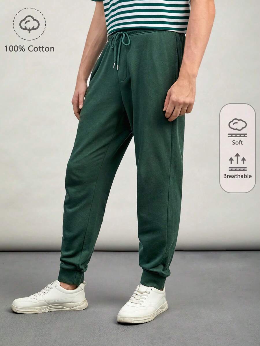 GENTILAND Hombres Pantalones deportivos de 100% algodón unicolor de cintura con cordón - Verde Oscuro - Ver 1