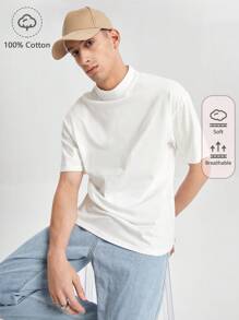 Manfinity VCAY Men 100% Cotton Mock Neck Solid Tee - White - View 1