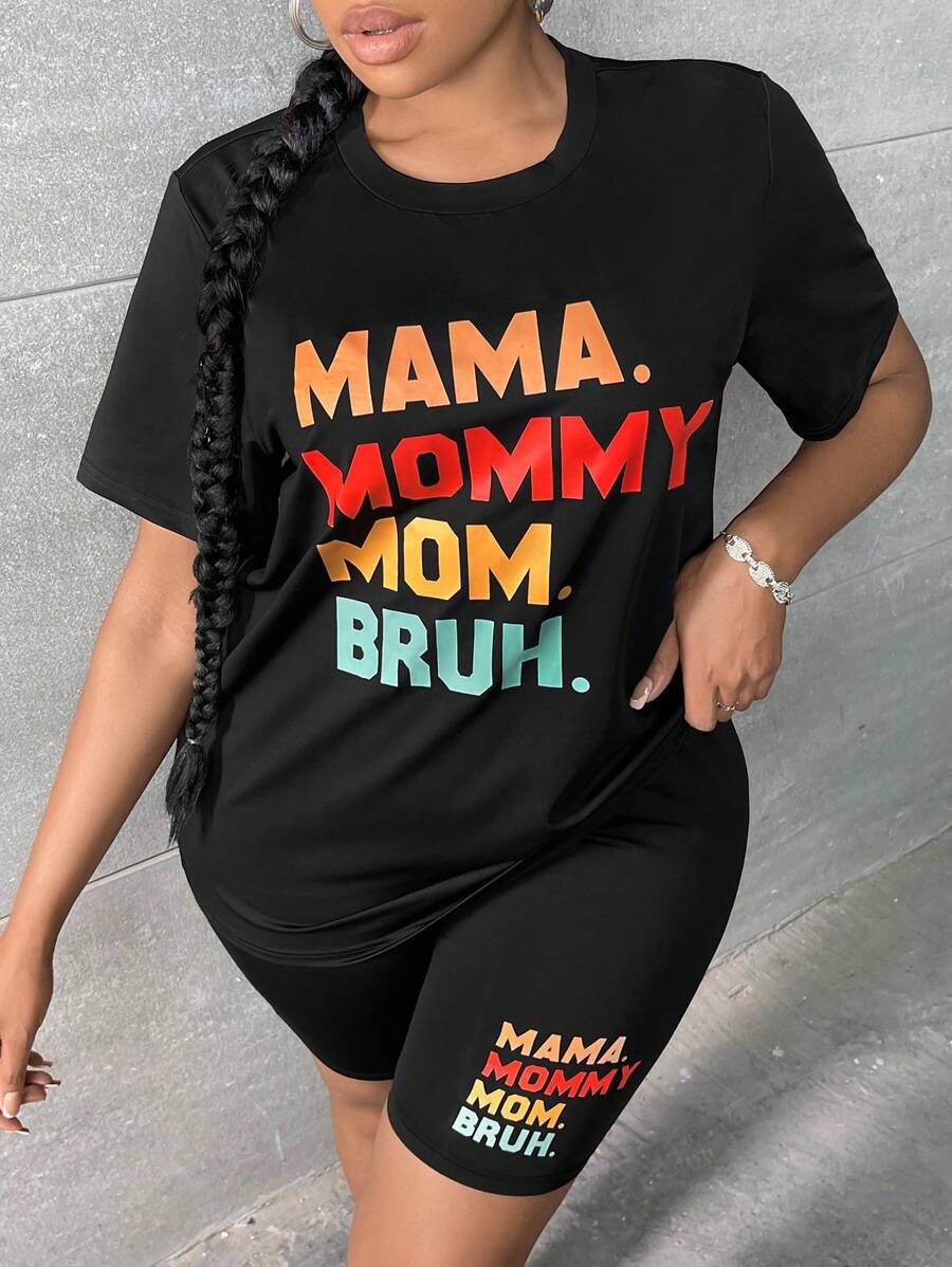 Slaydiva Plus Letter Graphic Tee & Biker Shorts