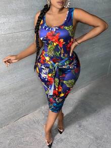 Slaydiva 大碼花和熱帶圖案前打結緊身洋裝 - 藏蓝色 - 查看 3