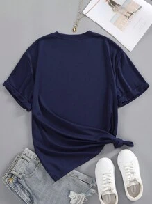 SHEIN EZwear 大碼字母圖案T恤 - 藏蓝色 - 查看 2