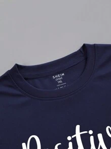 SHEIN EZwear 大碼字母圖案T恤 - 藏蓝色 - 查看 3