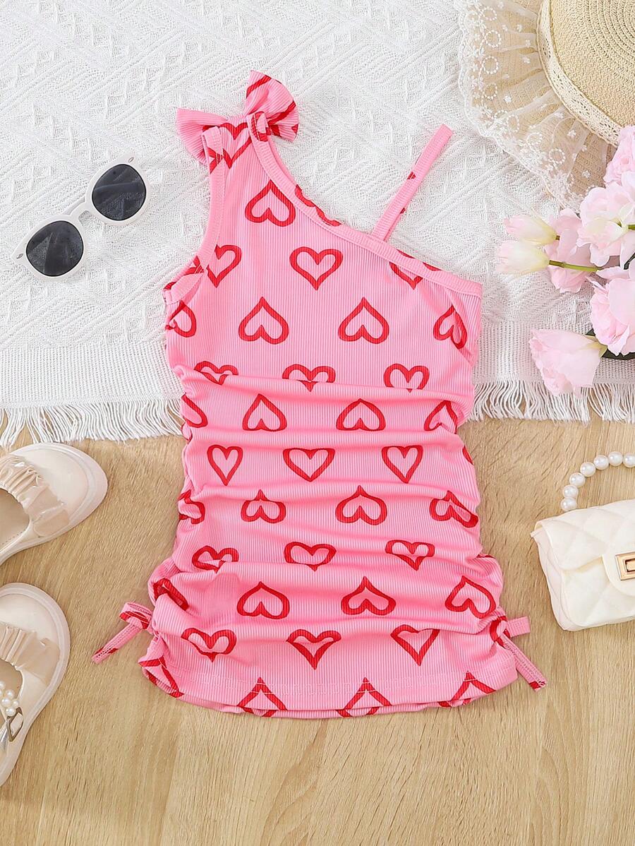 Toddler Girls Heart Print Bow Detail Ruched Side Dress - Pink - View 1