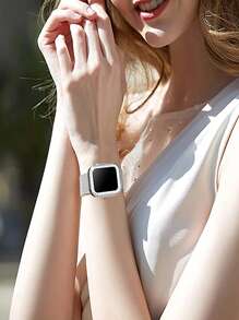 1 dây đeo đồng hồ bằng thép không gỉ & 1 vỏ trang trí bằng đá nhân tạo Tương thích với Apple Watch - Bạc - Xem 3