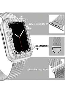 1 dây đeo đồng hồ bằng thép không gỉ & 1 vỏ trang trí bằng đá nhân tạo Tương thích với Apple Watch - Bạc - Xem 5