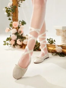 SheIn MOD Phụ nữ buộc chân thiết kế nơ trang trí giày ba lê, giày đế bằng ngoài trời thời trang - Màu be - Xem 6