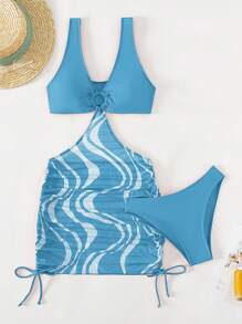 Swim Vcay Summer Beach Graphic Print Ring Linked Cut Out Drawstring Side Swim Dress - Blue and White - View 3
