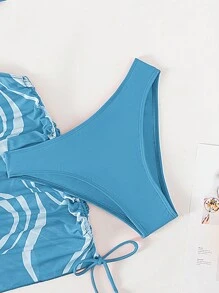 Swim Vcay Summer Beach Graphic Print Ring Linked Cut Out Drawstring Side Swim Dress - Blue and White - View 5