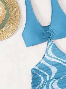 Swim Vcay Summer Beach Graphic Print Ring Linked Cut Out Drawstring Side Swim Dress - Blue and White - View 6