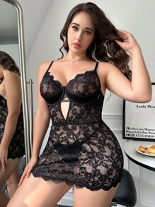 Plus Scallop Trim Cut Out Lace Slips & Thong - Black - View 3