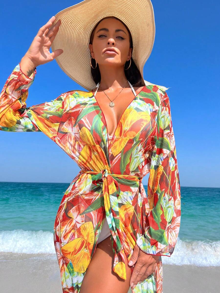 熱帶圖案腰帶和服罩衫 - 彩色 - 查看 1