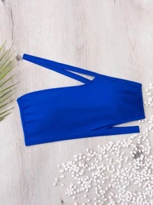 SHEIN Swim 罗纹镂空不对称领口比基尼上衣，适合夏季海滩度假 - 寶藍色 - 查看 1