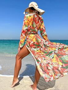 熱帶圖案腰帶和服罩衫 - 彩色 - 查看 2